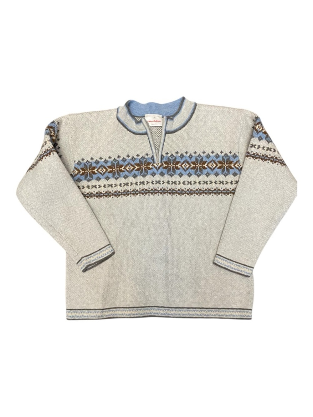 Light Gray and Blue Nordic-Pattern Men’s Sweater